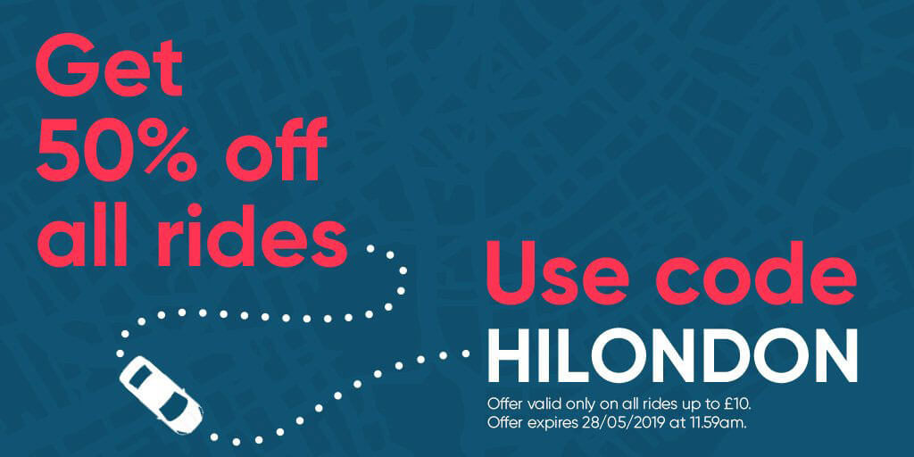 Use el código de promoción HILONDON para un 50% de descuento en todos los viajes